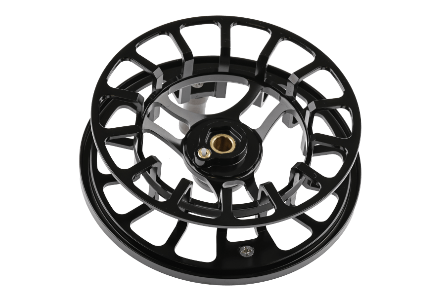 Black anodized aluminum fly reel spare spool with open cutout design and brass arbor, Orvis Hydros