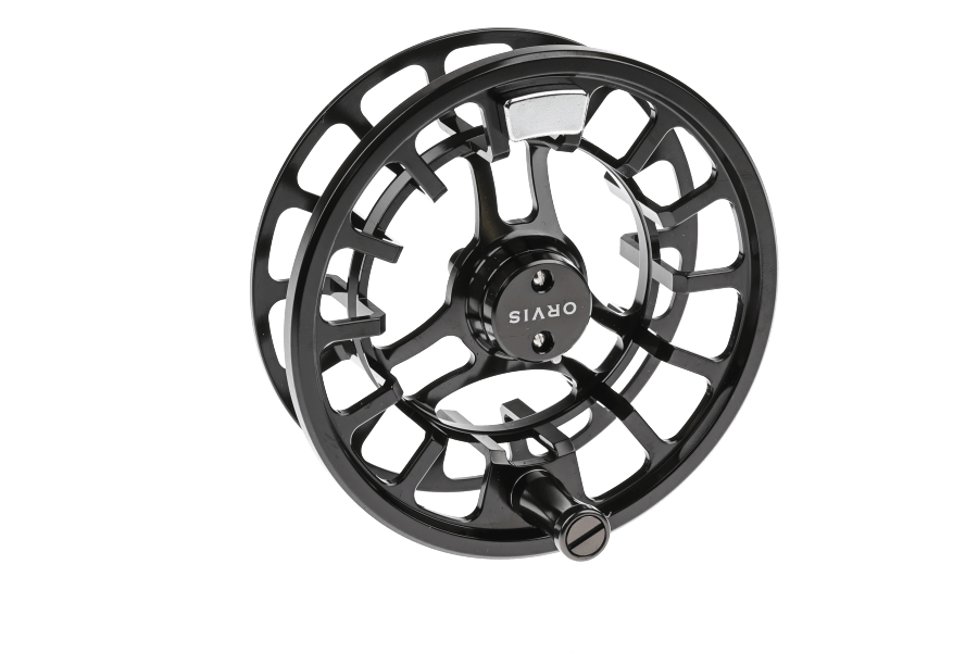 Black anodized aluminum Orvis Hydros fly reel spare spool with open-cut spokes and a silver drag pad, shown on white