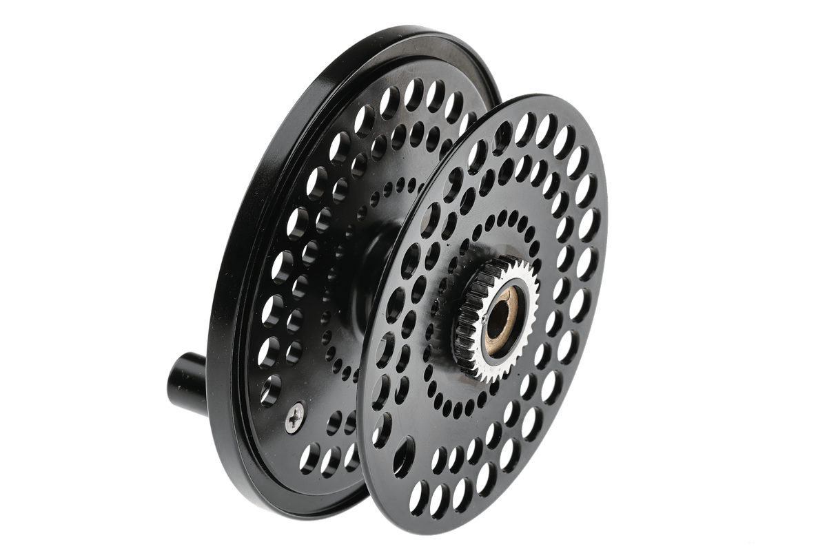 Orvis C.F.O black fly fishing reel spool with perforated design and brass center arbor