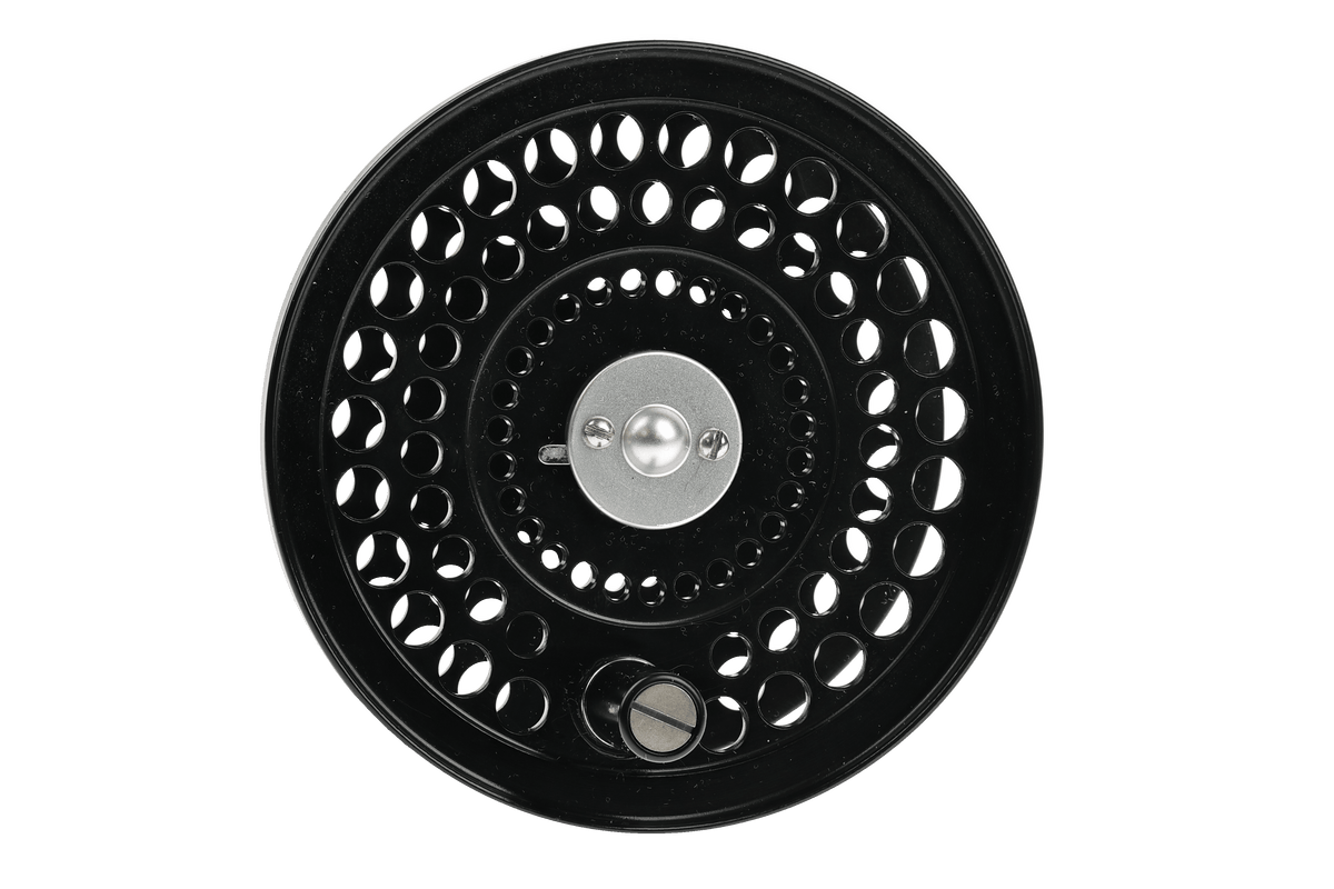Orvis C.F.O black fly reel spool with perforated design and silver arbor center, spare replacement spool