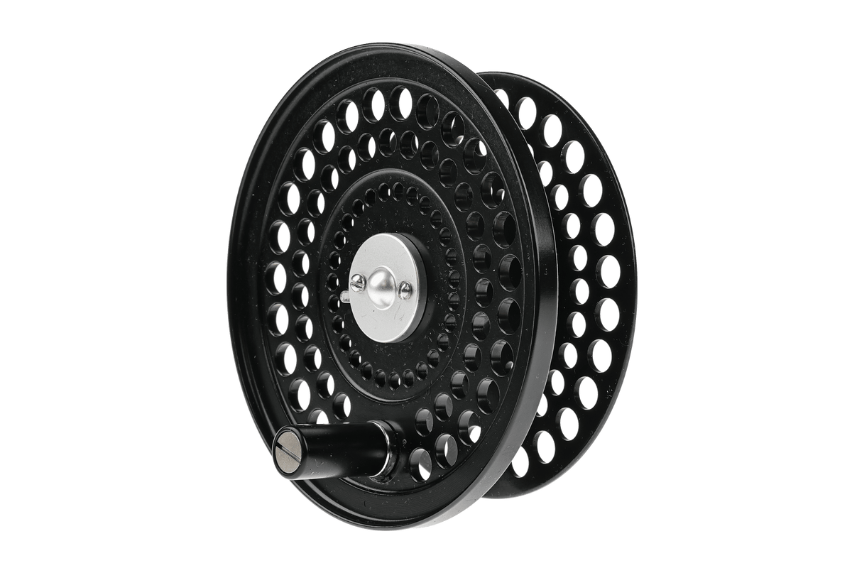 Orvis C.F.O black fly reel spare spool with perforated design and silver center arbor