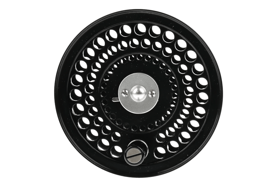 Black Orvis CFO III spare fly reel spool with perforated ventilated design, silver center hub, and slotted drag knob.