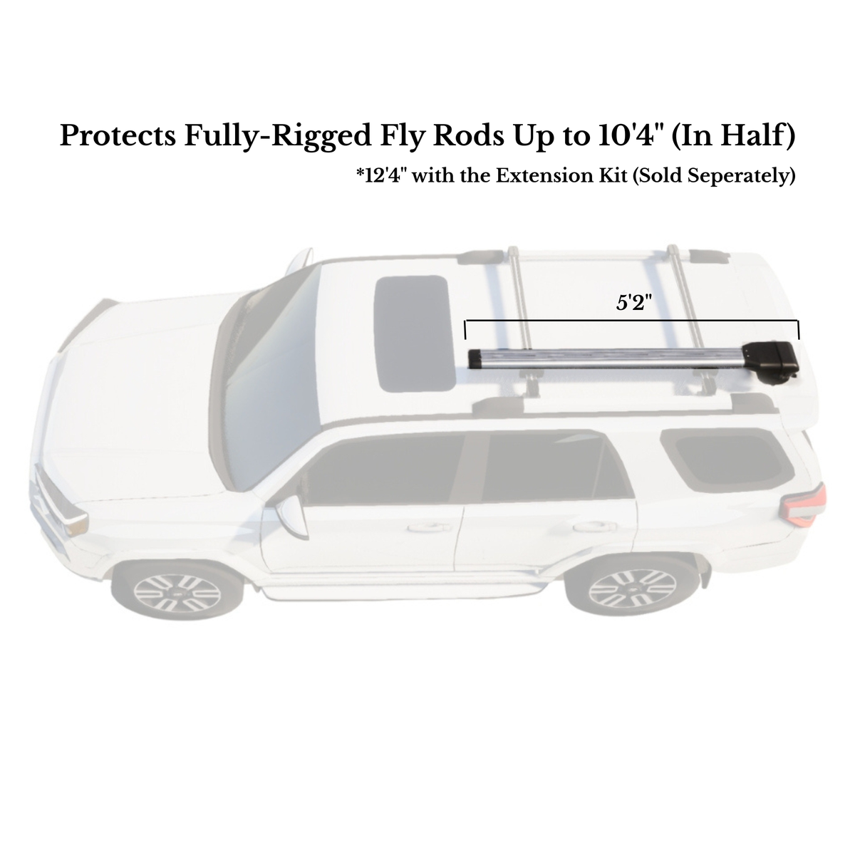 Riversmith ShortCut 5'2 fishing rod rack mounted on white SUV roof, protects fully-rigged fly rods up to 10'4 in half