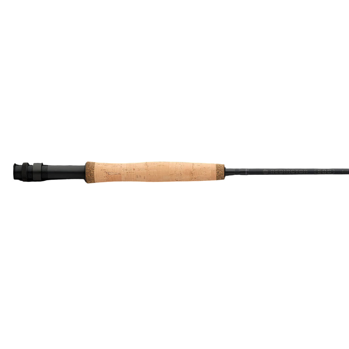 Redington EDC Tactical Edition fly rod with black graphite shaft and natural cork handle grip, side view.