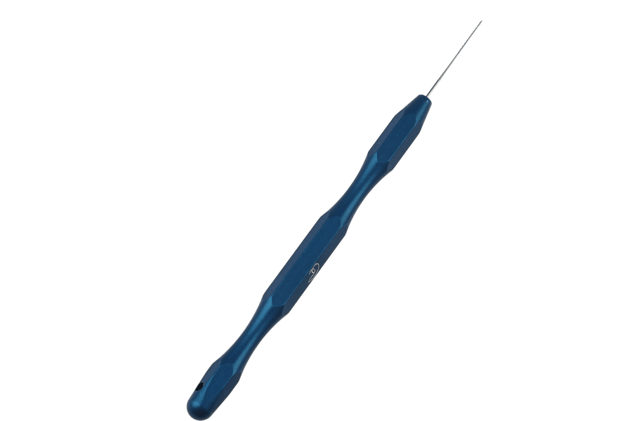 Blue anodized aluminum Renzetti R-Evolution dubbing teaser with a fine steel needle tip and faceted handle for fly tying