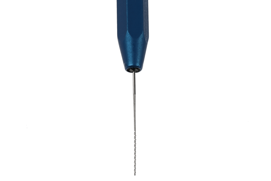 Blue hexagonal handle with a thin steel dubbing teaser needle tip, Renzetti R-Evolution fly tying tool on white background