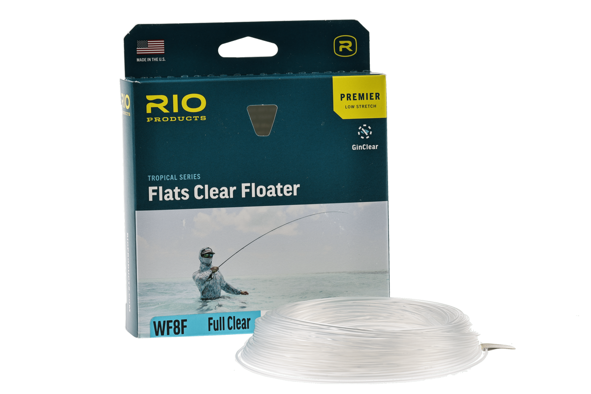 Rio Premier Flats Clear Floater WF8F fly line with packaging showing tropical series design and full clear weight-forward
