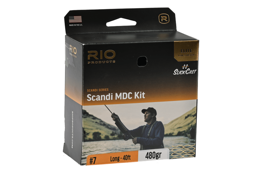 Rio Elite Scandi MDC Kit #7 480gr fly line box, black and orange packaging with angler casting on a river