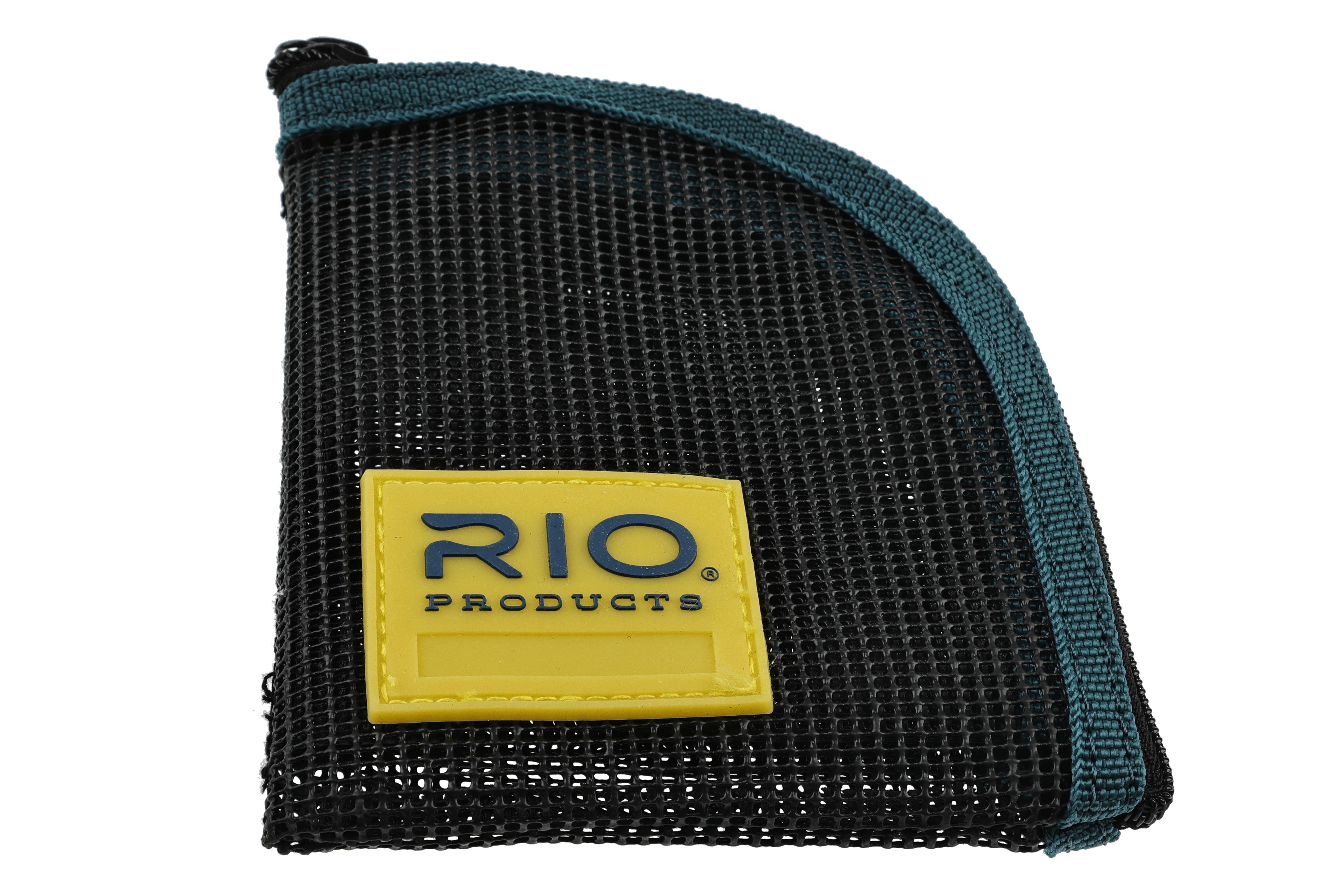 Black mesh pouch with teal woven trim and yellow Rio logo patch, storage sleeve for Rio Scandi line kit