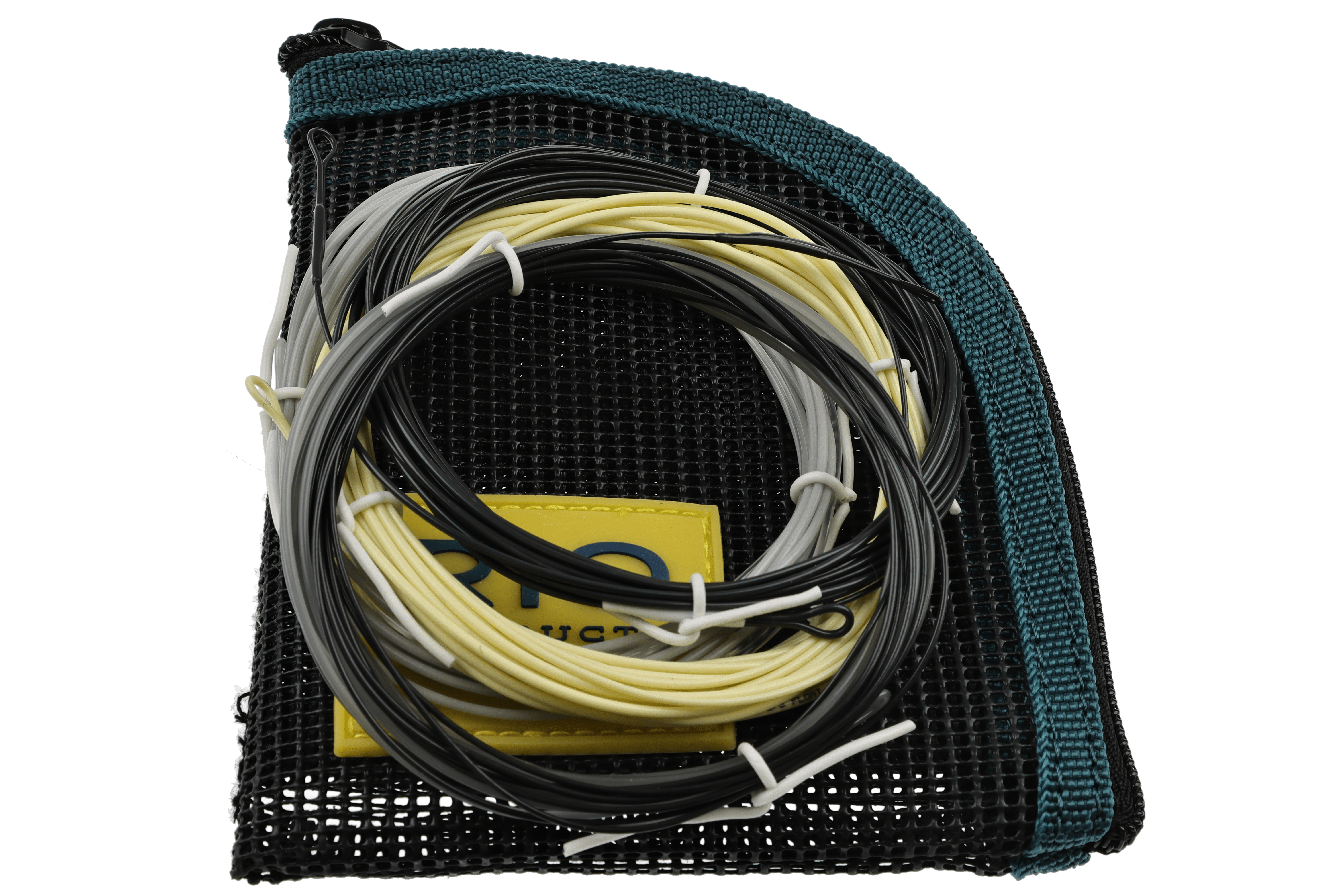Coiled yellow, gray and black Rio Scandi fly line on black mesh pouch with teal trim
