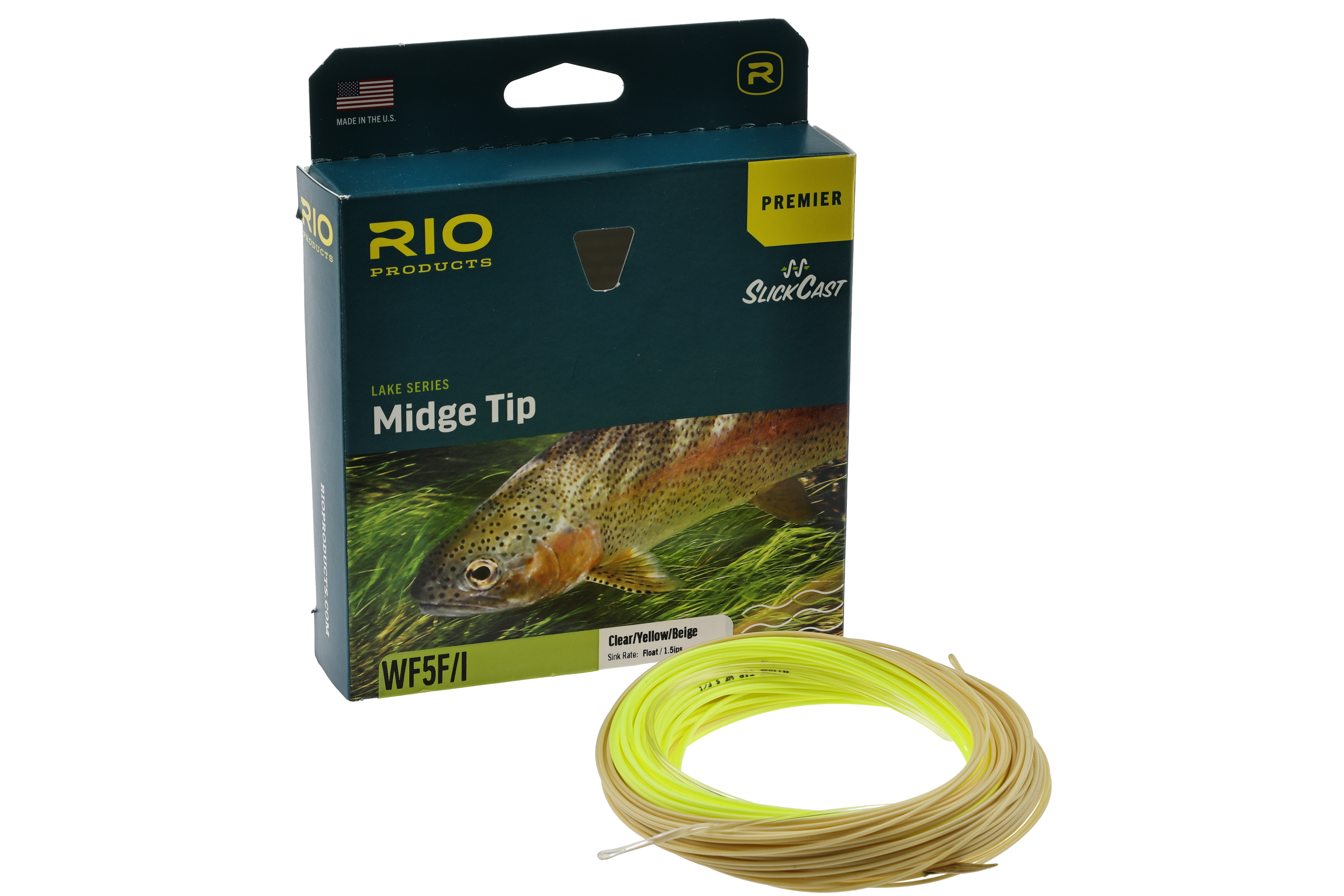 Rio Premier Midge Tip long fly line coil in neon yellow to beige with teal RIO box and trout artwork