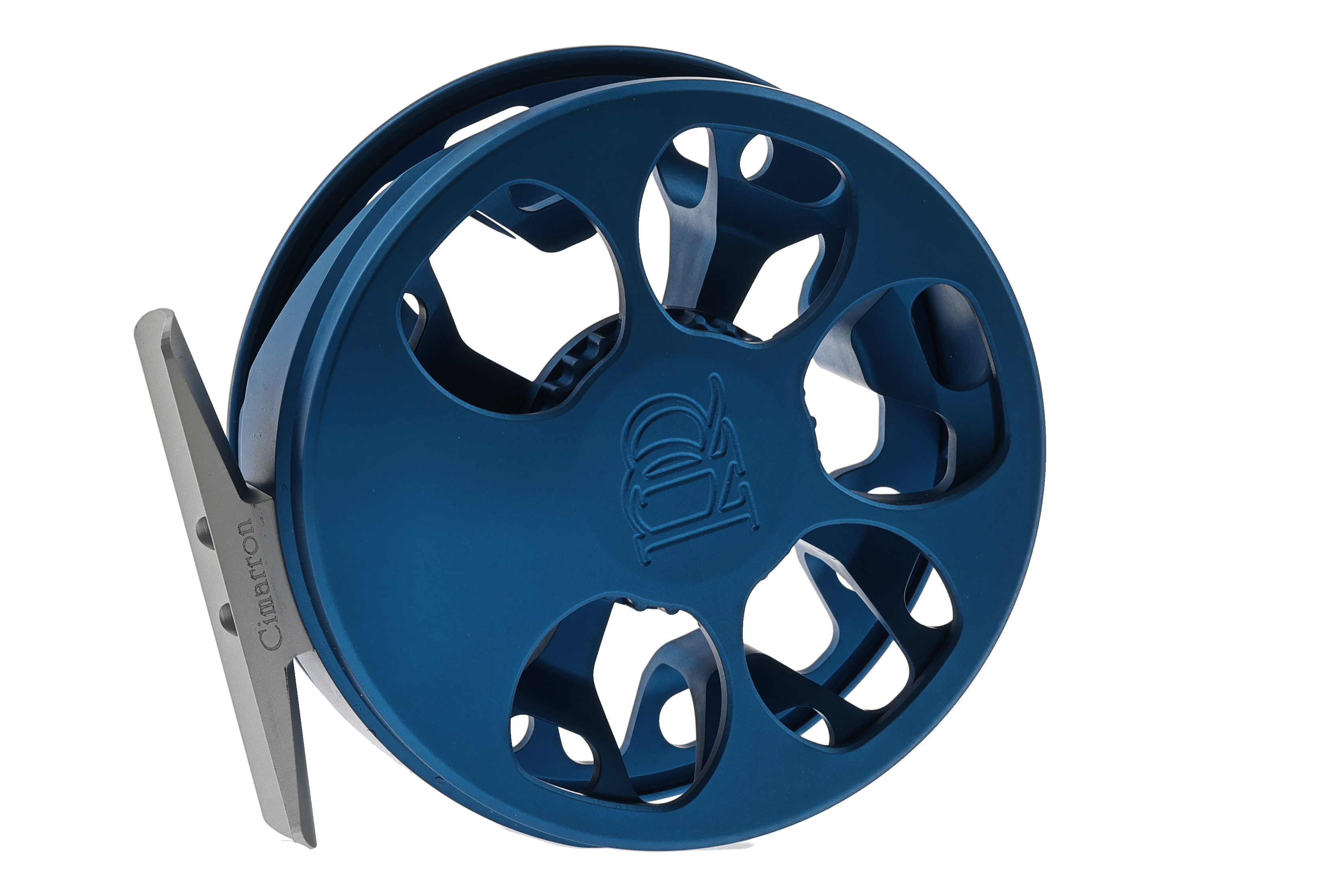 Ross Cimarron Creek blue fly reel with large arbor design and perforated frame construction for freshwater fishing