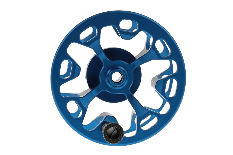 Blue anodized aluminum fly reel spare spool with cutout spoke design and black drag knob, Ross Cimarron Creek