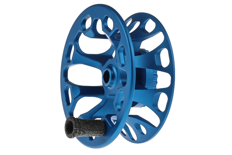 Blue anodized aluminum Ross Cimarron Creek fly reel spare spool with cutout lattice design and black foam grip handle
