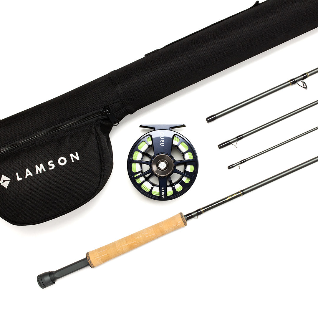 Lamson Speedster fly rod outfit with black rod case, lime green reel, cork handle, and extra rod sections displayed on white