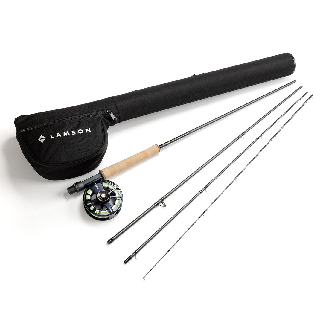 Lamson Speedster fly rod outfit with black carrying case, cork handle, black and yellow reel, and four rod sections