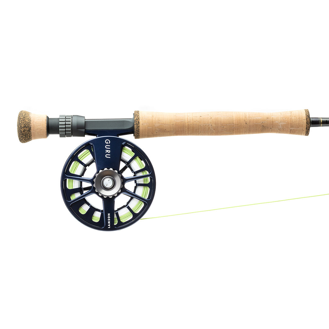 Lamson Speedster fly rod and reel combo with cork handle and navy blue large arbor reel with chartreuse accents