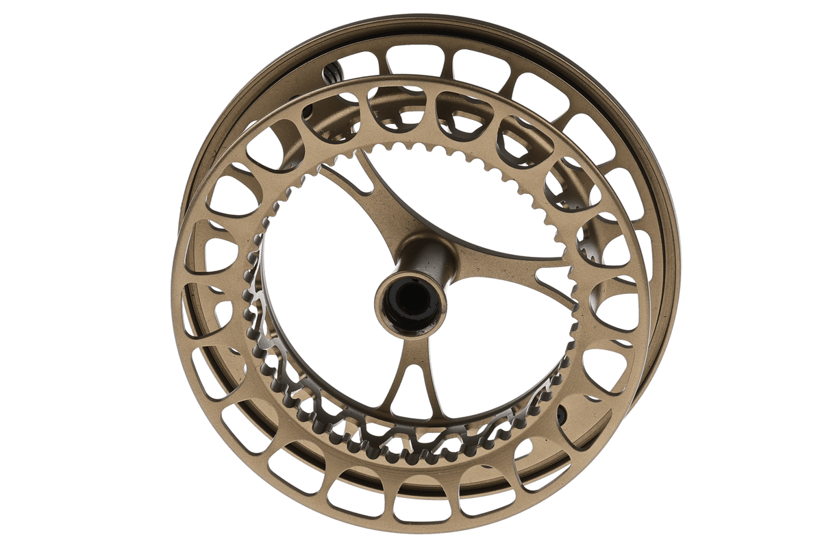 Sage Click spare spool in bronze with large arbor design and exposed gear mechanism for fly fishing reels