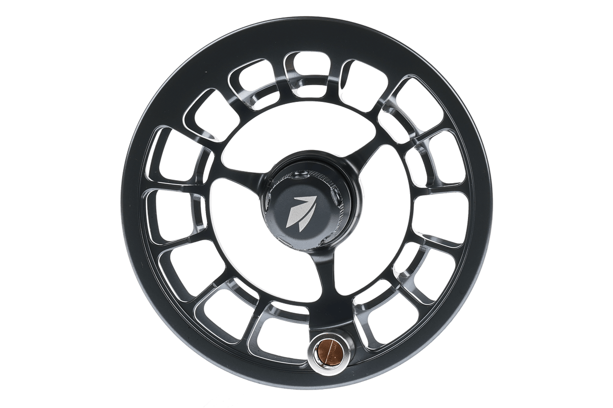 Sage Shift LT black fly fishing reel spool with distinctive perforated design and silver logo center cap
