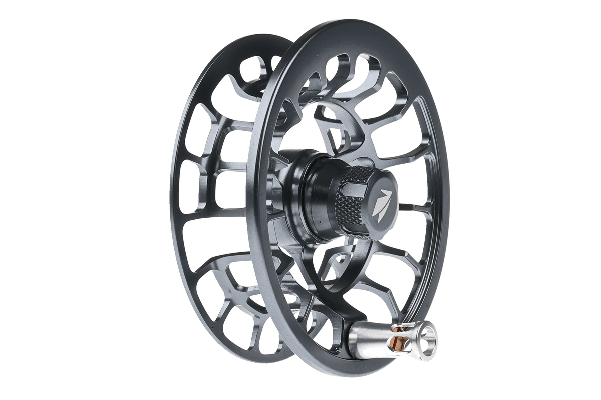 Sage Shift LT black fly fishing reel spool with large arbor design and aluminum construction, front view