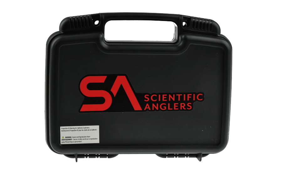 Black molded plastic Scientific Anglers boat fly box with top handle and red SA logo, front view on white background