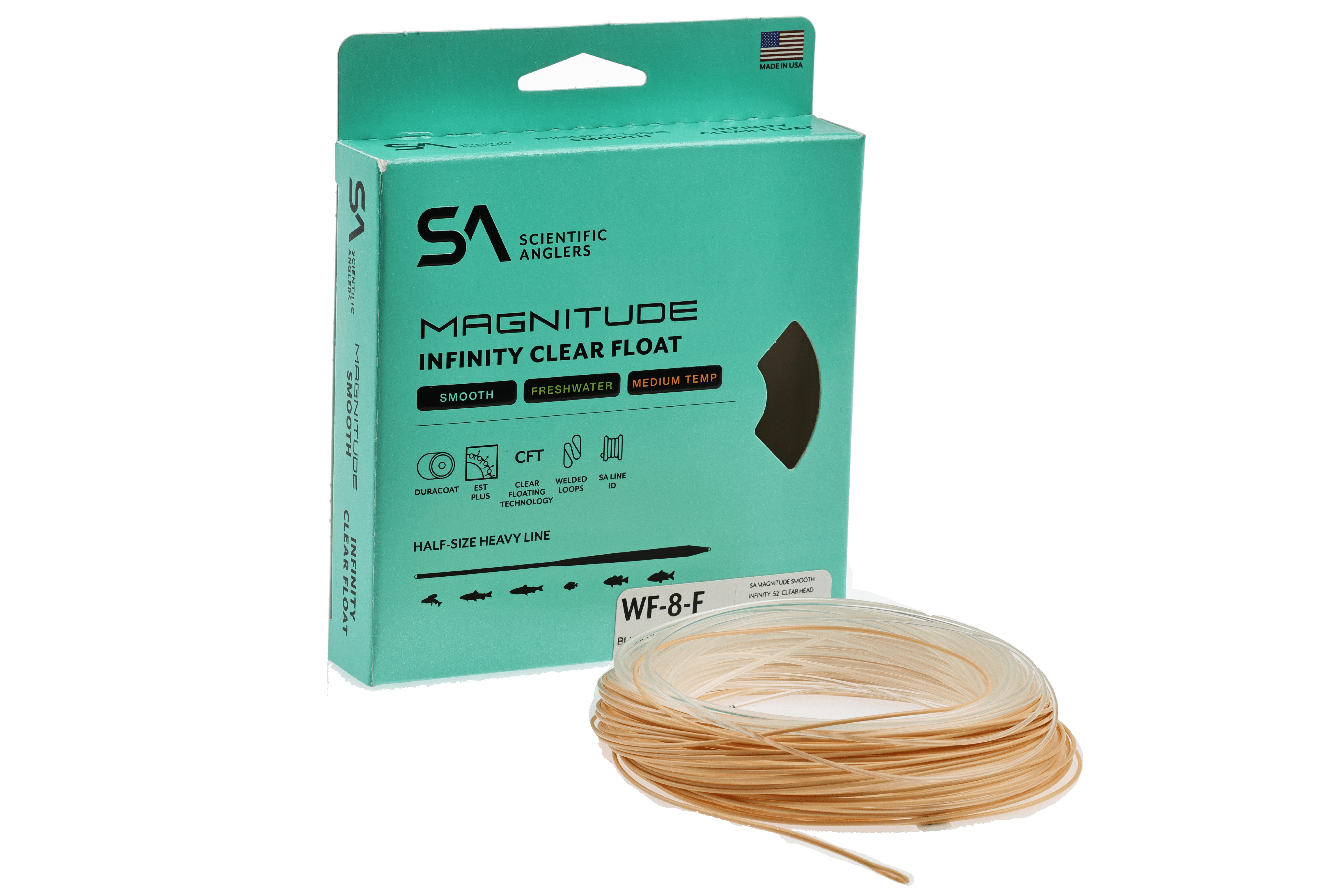 Scientific Anglers Magnitude Infinity Clear Float WF-8-F fly fishing line with packaging and tan coiled line displayed