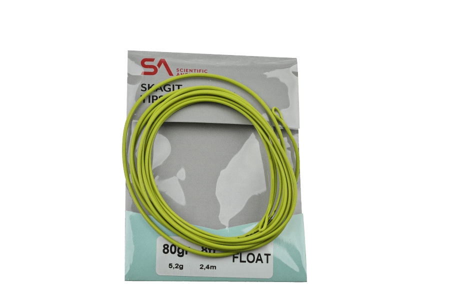 Scientific Anglers Skagit Tips 80gr float fly line coiled in bright chartreuse on gray branded packaging