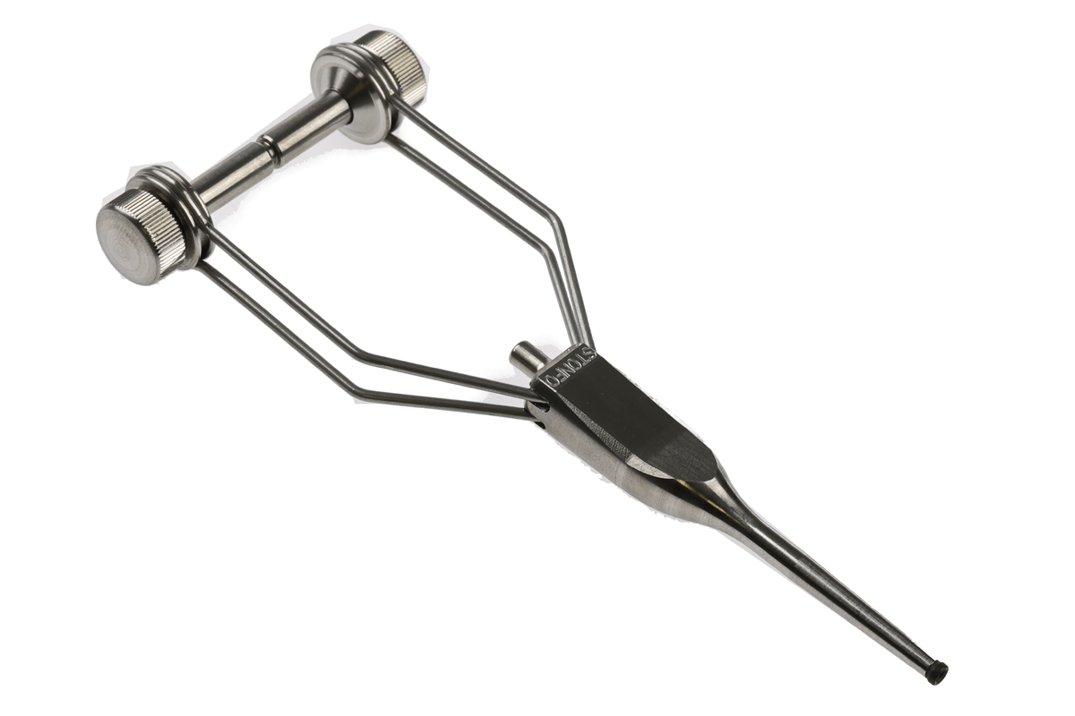 Stonfo stainless steel fly tying bobbin with dual ceramic guides and knurled tension knobs for precision thread control