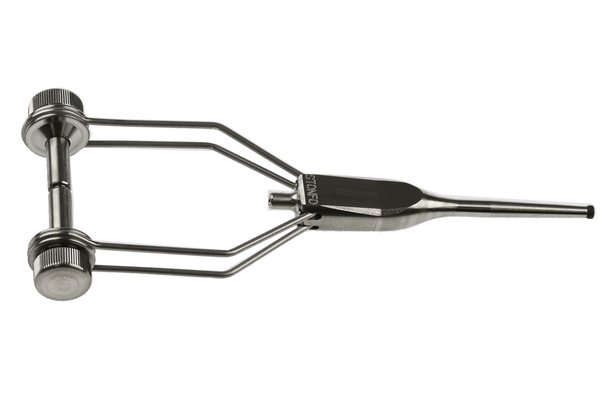Stonfo stainless steel fly tying bobbin with dual spool holders and tension adjustment knob for precision thread control