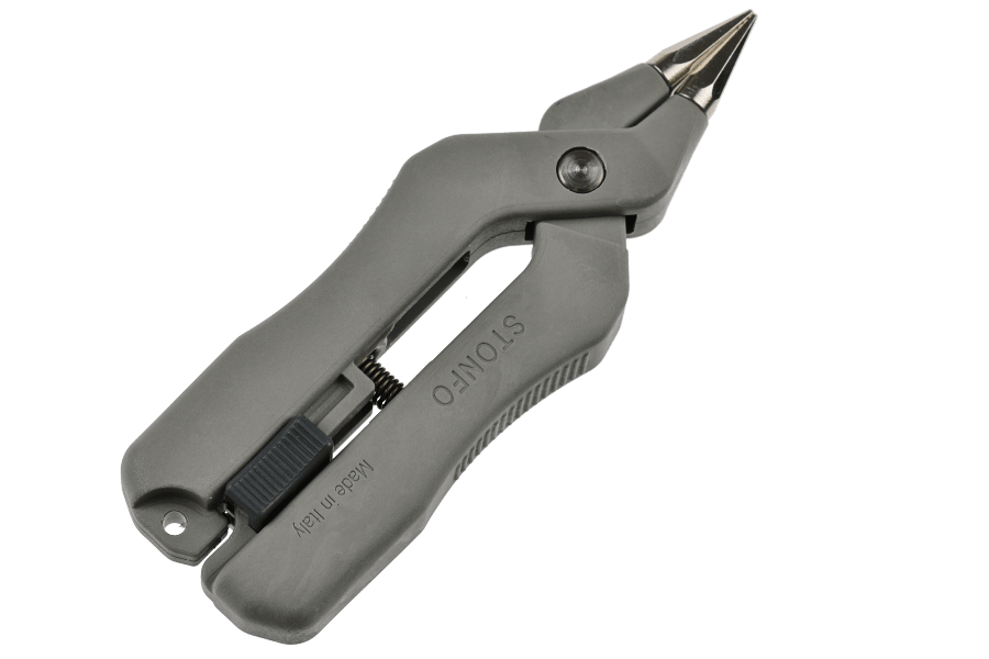 Gray Stonfo micro plier with pointed stainless steel tips and ergonomic grip handles, designed for fly tying