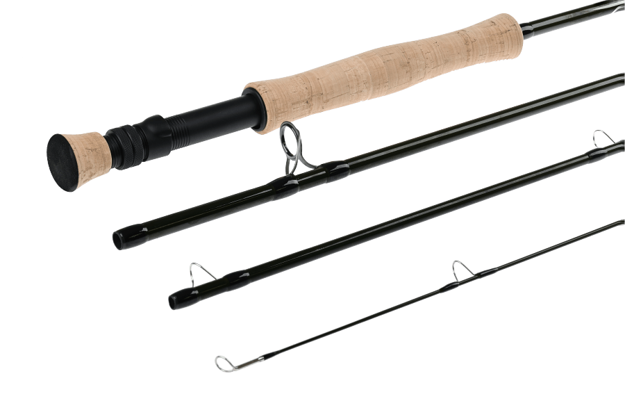 TFO Dispatch fly rod in four sections with black graphite blanks, cork handle, black reel seat, and silver snake guides on