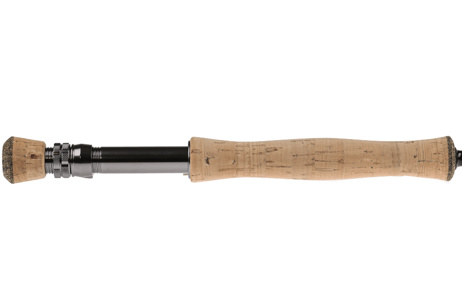 TFO Legacy fly rod with cork handle, black graphite blank, and chrome reel seat on white background