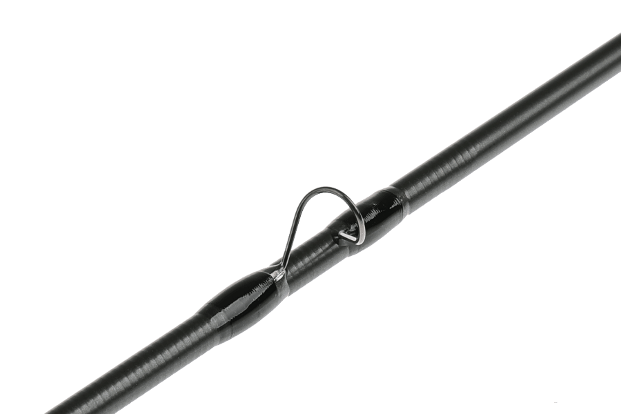 Black fly rod blank with a single snake guide and wrapped ferrule, shown diagonally against a white background