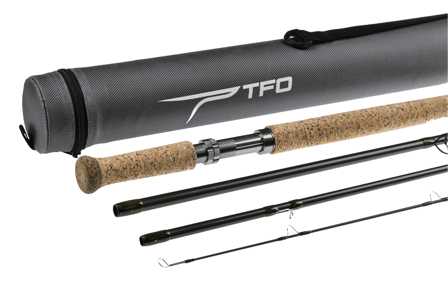 TFO two-handed fly rod in four sections with cork handles, black blank, and gray protective carrying tube