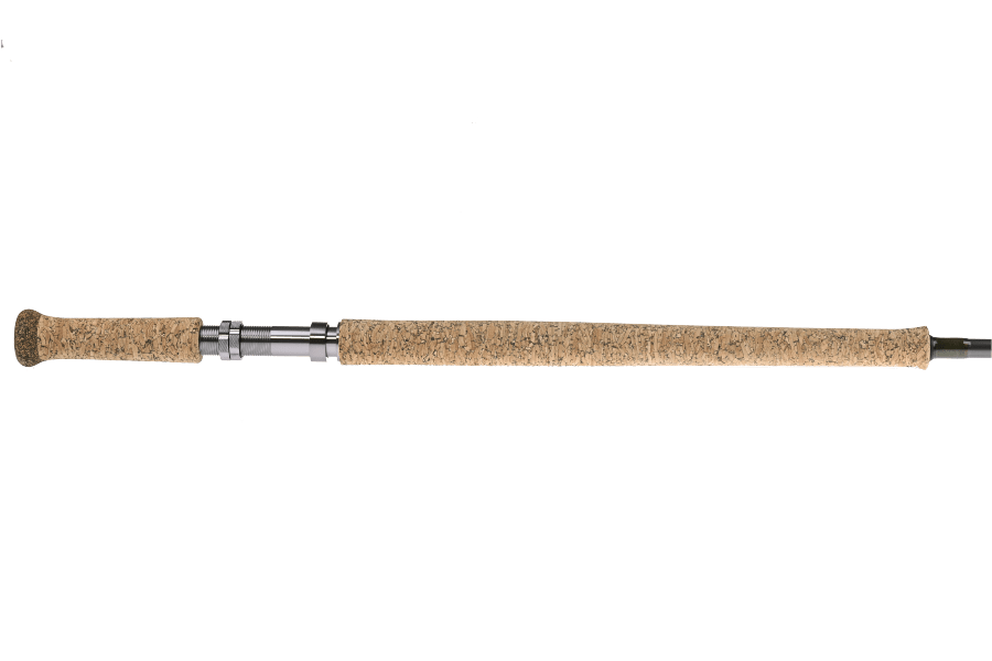 TFO Legacy two-handed fly rod with tan cork handle, silver reel seat rings, and dark graphite blank on white background