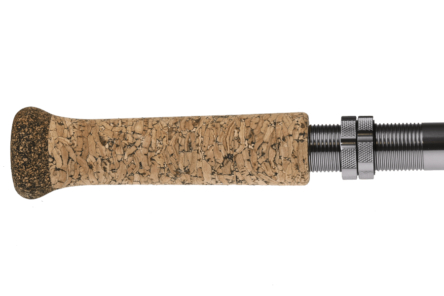 Cork fly rod handle with black rubber end cap and silver knurled reel seat rings on a TFO Legacy two-handed fly rod