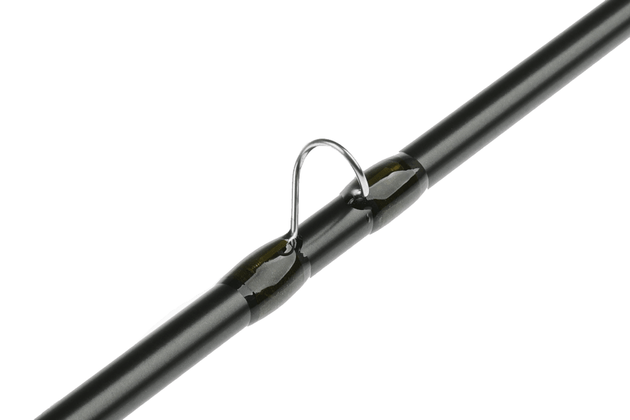 Matte black fishing rod blank with a silver snake guide and dark wrap accents on a white background