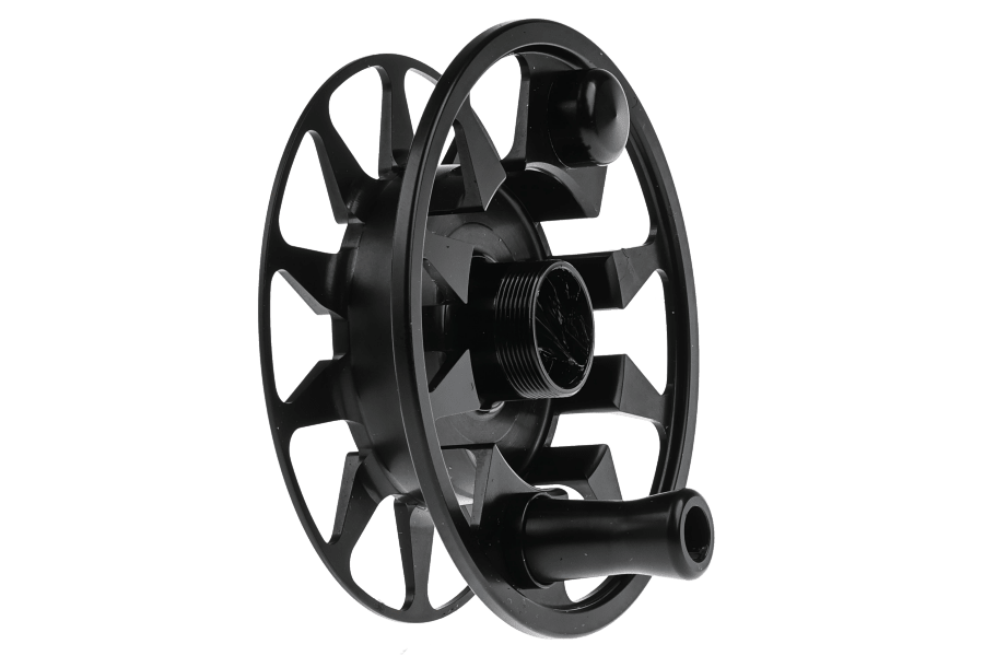 Black fly fishing reel spare spool with open spokes and a threaded arbor, Tibor Backcountry replacement spool