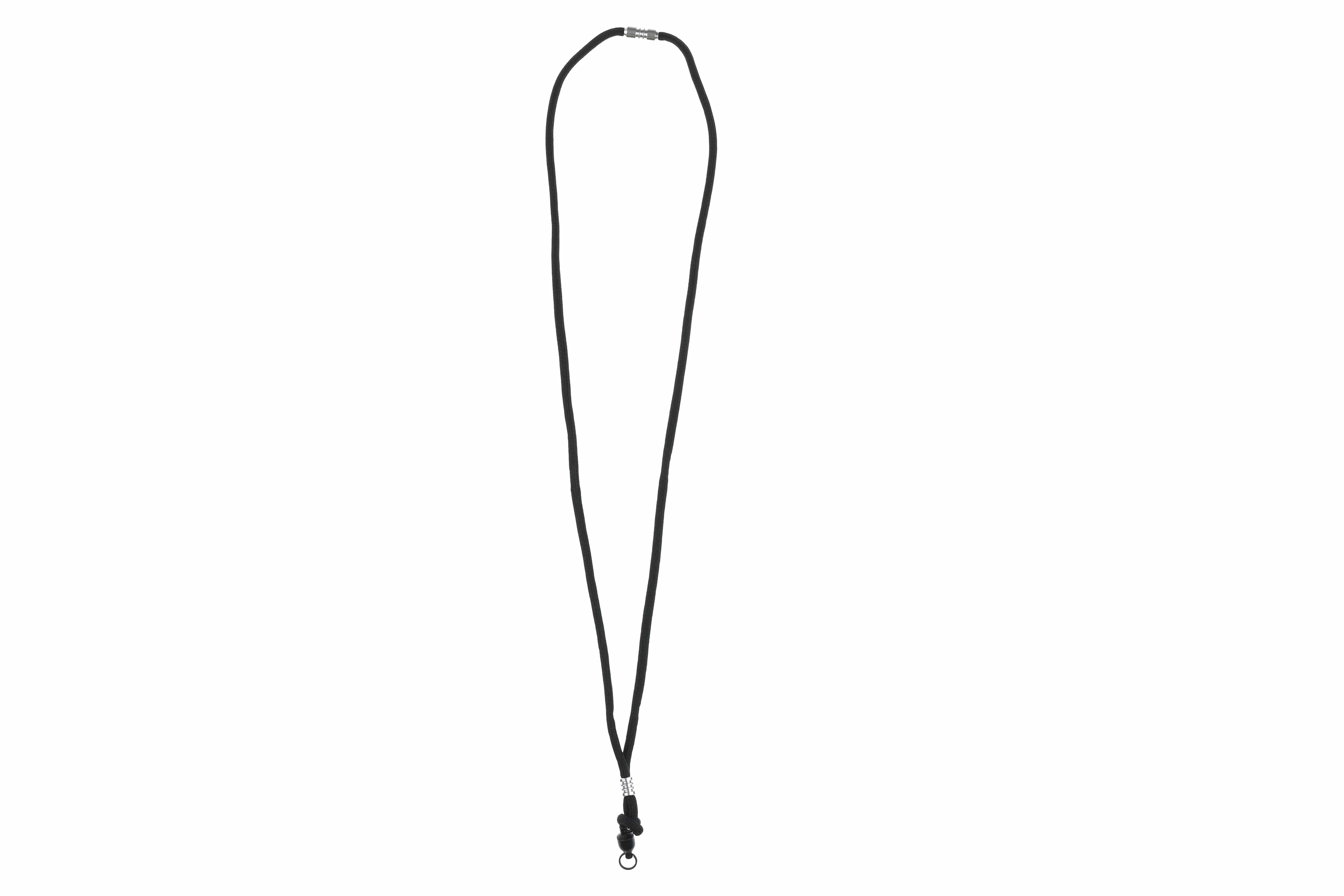 Abel Nipper lanyard black braided cord with silver metal ferrule, knotted bead nipper and split-ring clip
