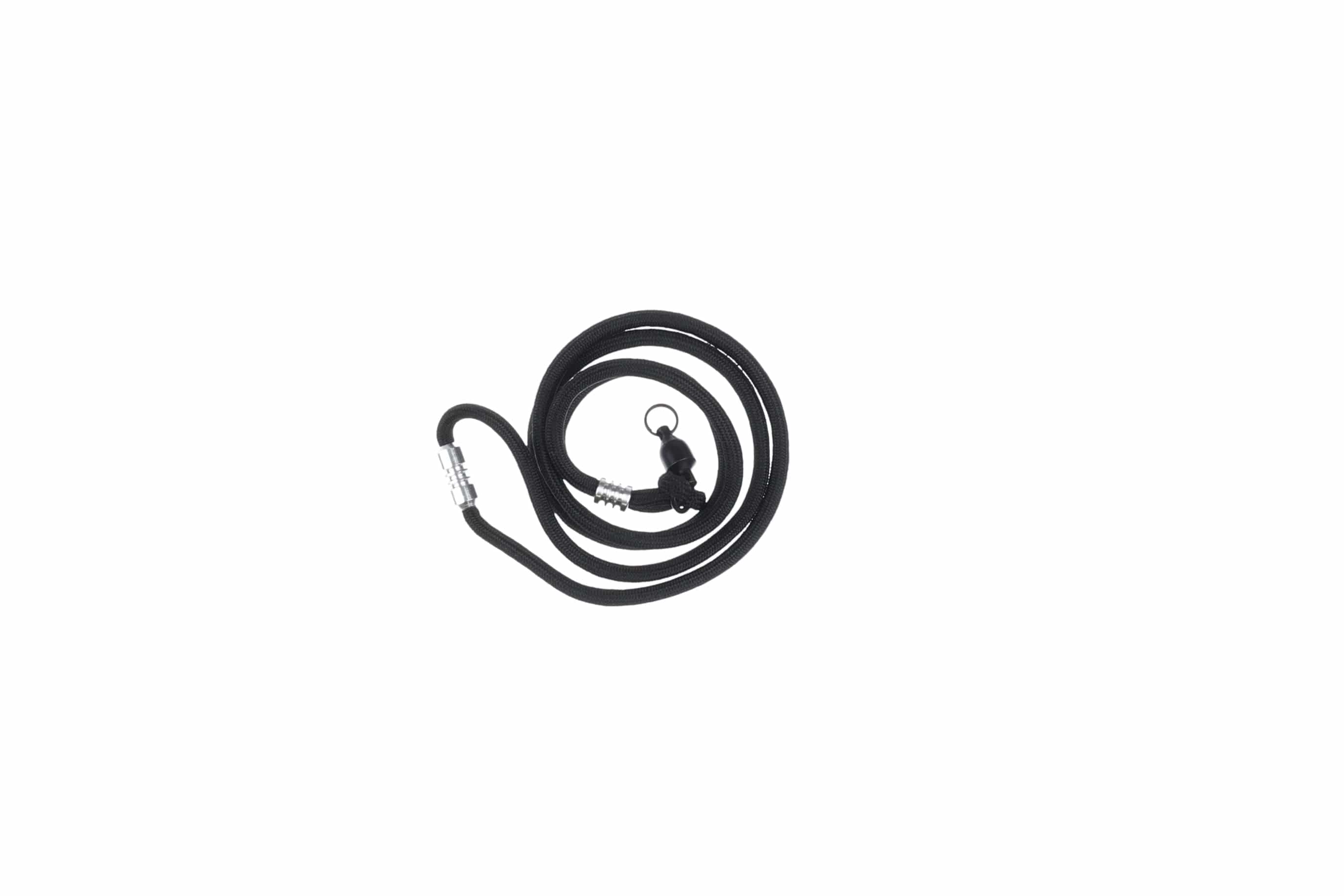 Black braided nylon Abel Nipper lanyard with silver metal ferrules, swivel clip and split ring