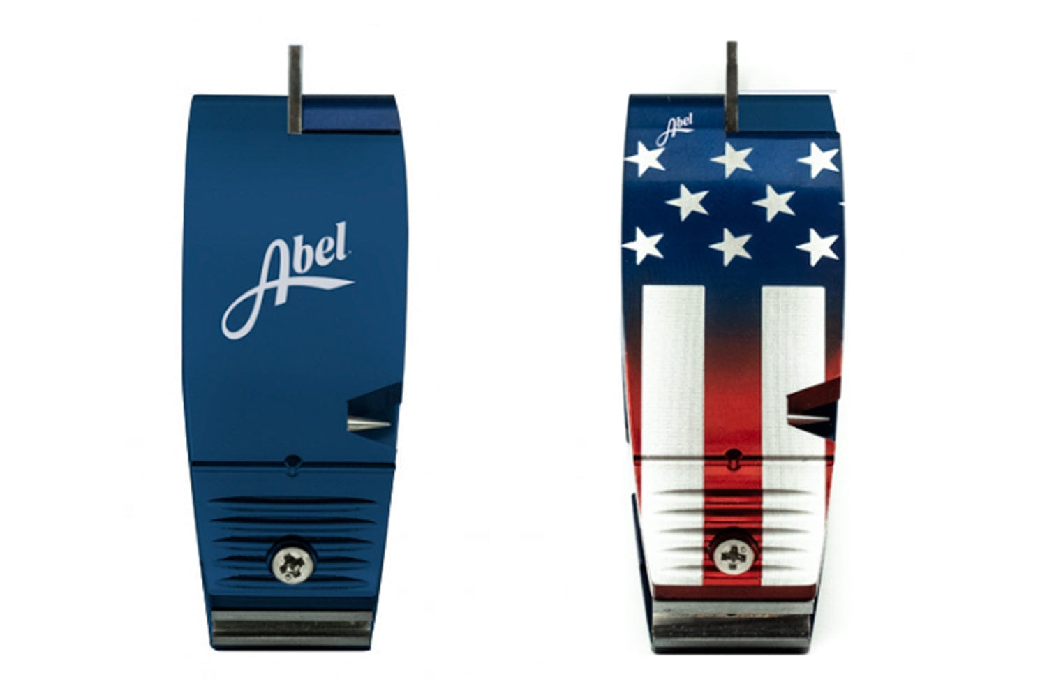 Pair of Abel nippers in anodized blue aluminum, one solid navy with Abel logo and one stars-and-stripes American flag finish