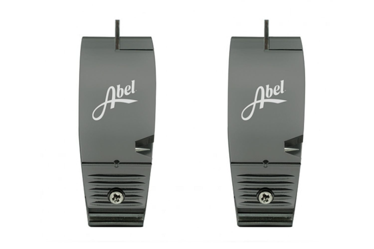 Pair of gray anodized Abel nippers with white logo, ribbed metal bases and small steel cutting blades, compact accessory
