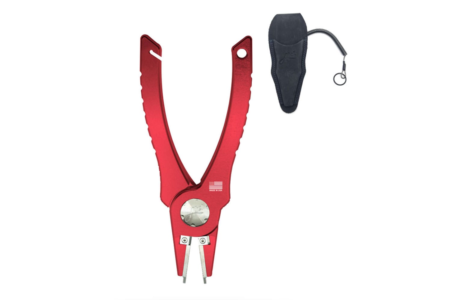 Red anodized aluminum Abel fishing pliers with slim stainless tips, textured grips and black sheath with coiled lanyard