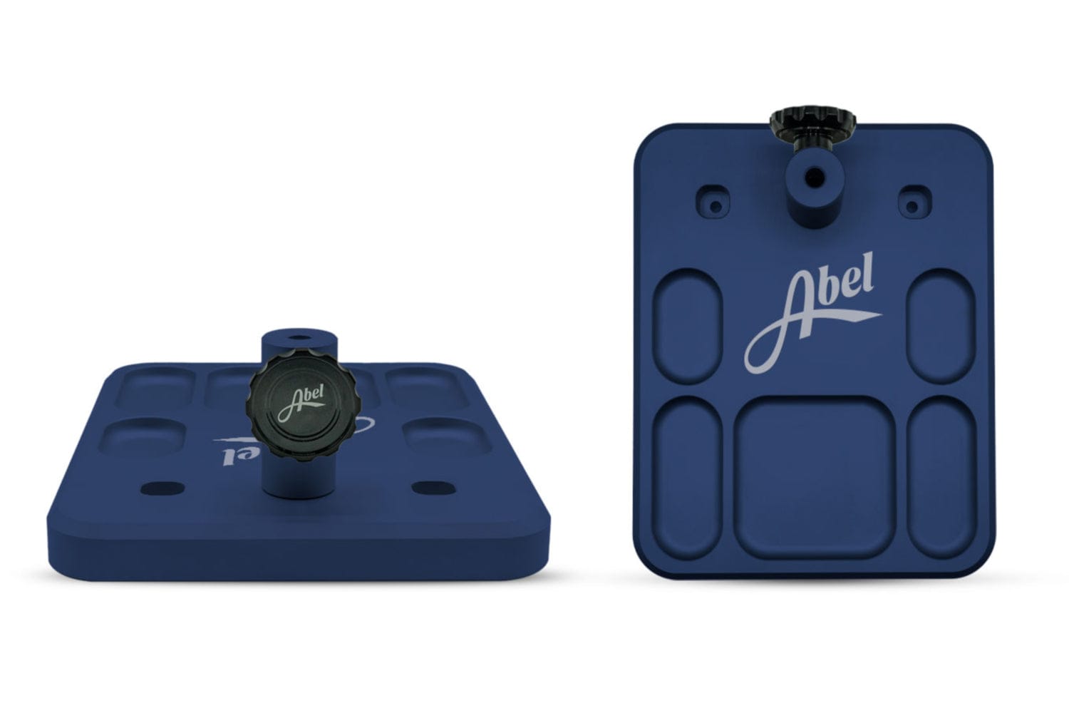 Navy blue Abel vise base accessory in anodized metal with black adjustment knob and recessed mounting pads