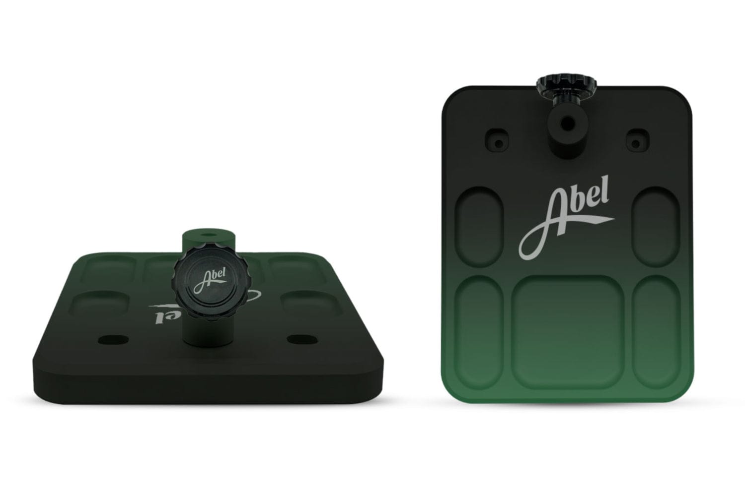 Abel vise base, matte black-to-green metal rectangular base with rounded corners, recessed pockets and knurled knob