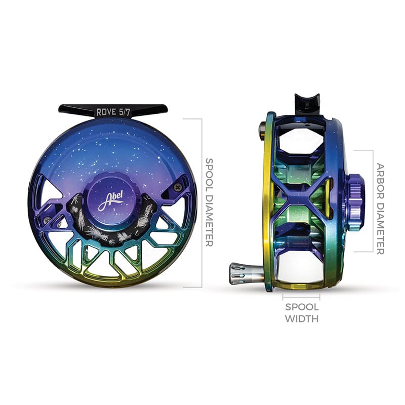 Abel Rove fly reel with anodized blue-green-gold finish, machined aluminum large-arbor design and starry galaxy face, 5/7