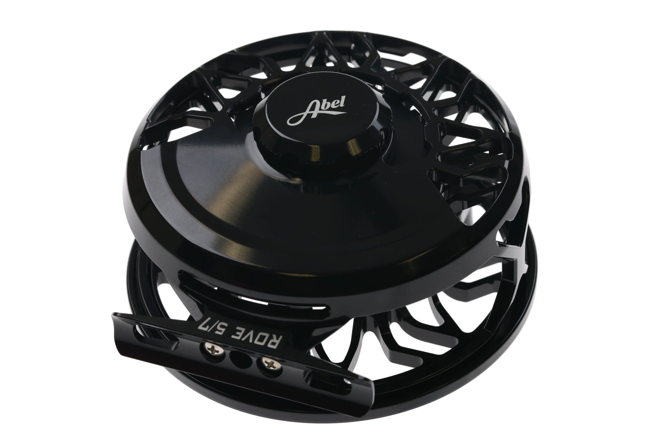 Black anodized aluminum Abel Rove fly reel with skeleton cutout spool and silver logo (Rove 5/7)