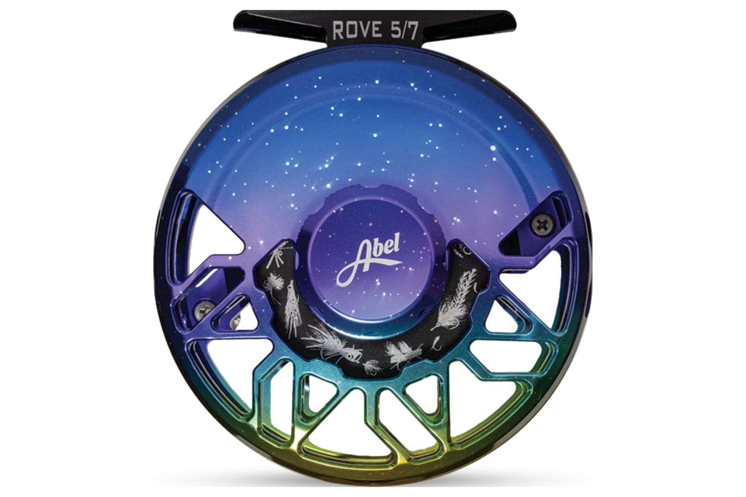Abel Rove fly reel with galaxy blue-purple anodized aluminum finish, starry dial and green-to-gold machined cutout spool