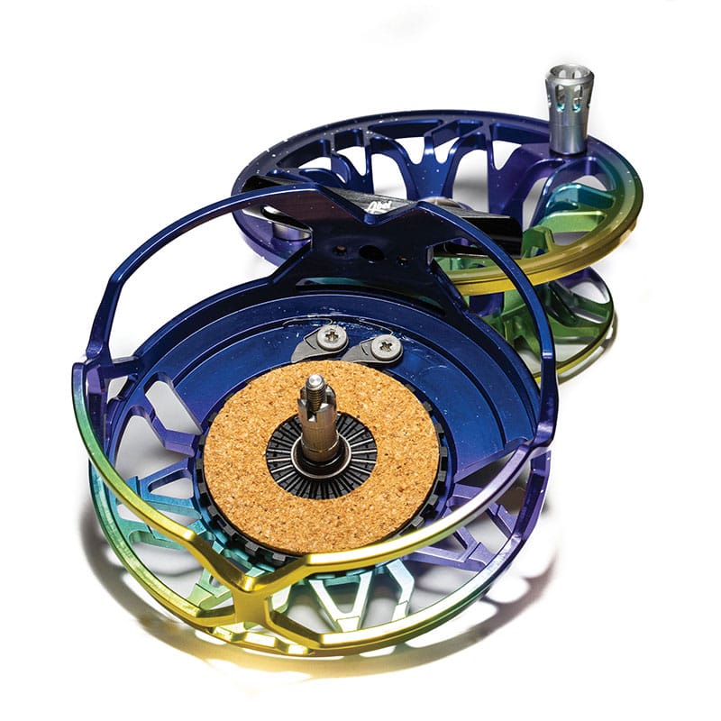 Abel Rove fly reel with anodized blue-green-gold aluminum, skeletonized large-arbor spool and cork drag washer