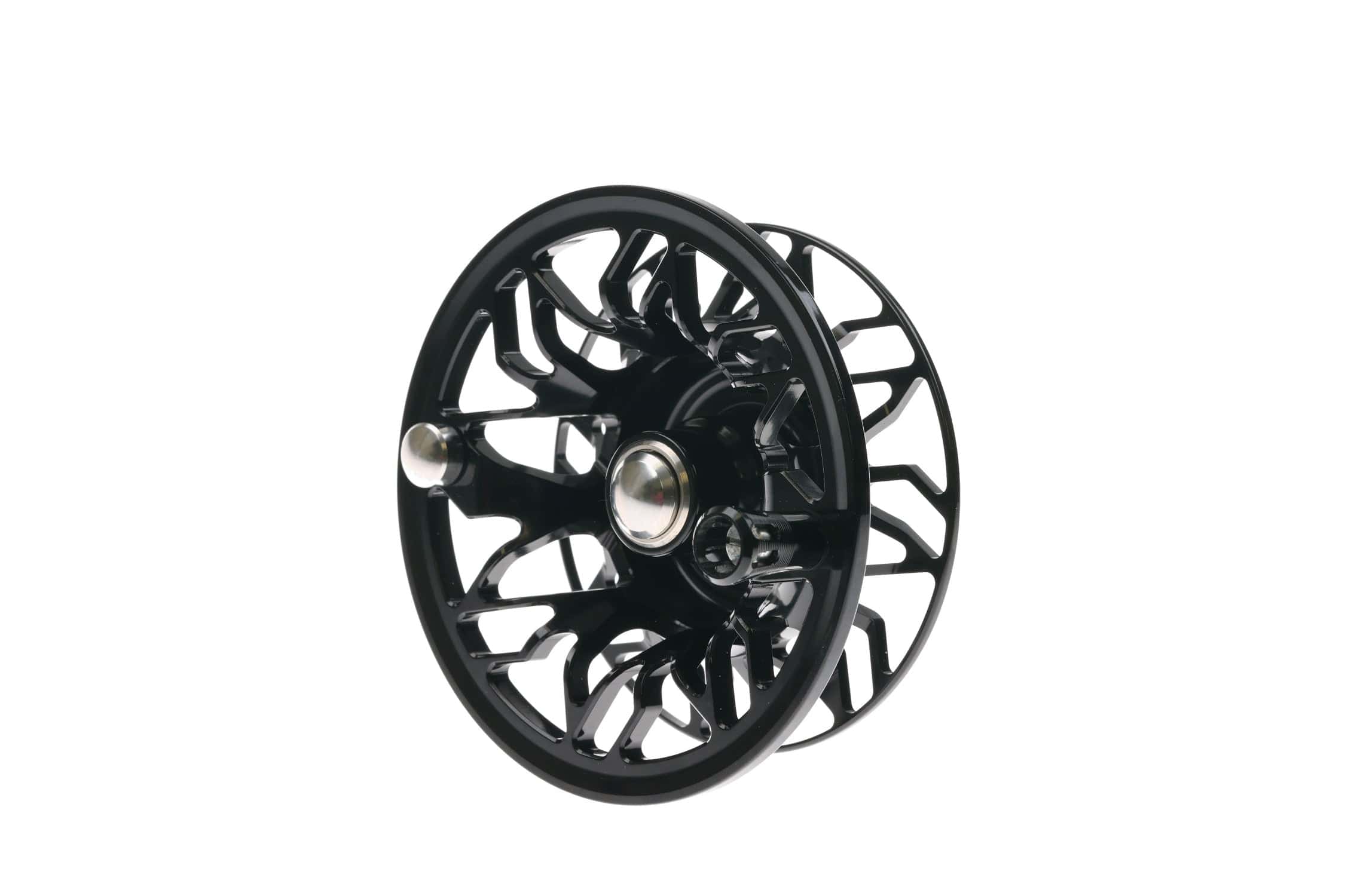 Abel Rove black anodized aluminum fly reel with spider-web cutout spool and silver drag knob